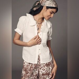 Anthropologie Elegant White Blouse with Ruffle Collar size small